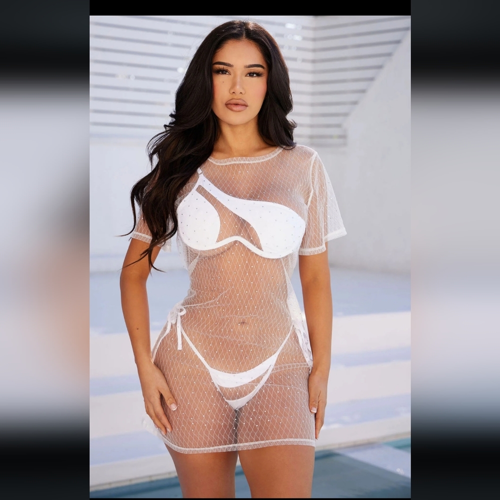 Bling white mesh swim coverup
